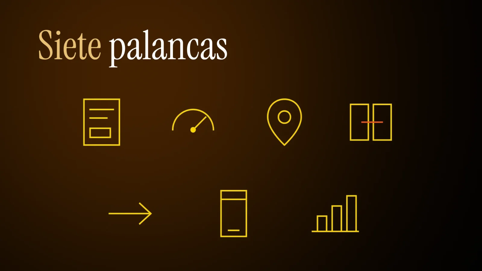 Iconos de las siete palancas de conversión: pre-lander, velocidad, geo, test, CTA, móvil y medición